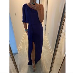 One shoulder purple dress with a slit